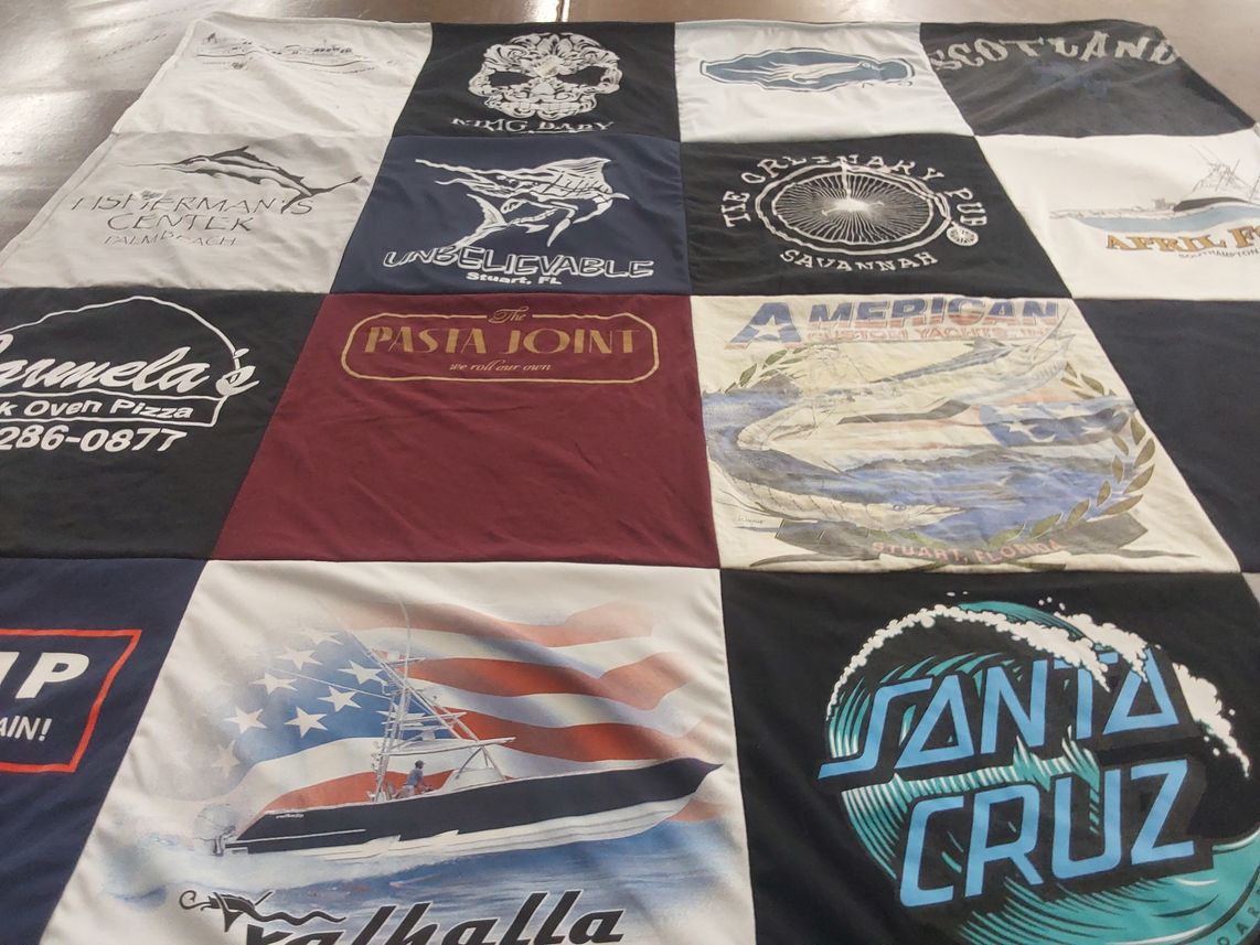 T-shirt quilt with fishing, boating themes by carrie from NJ