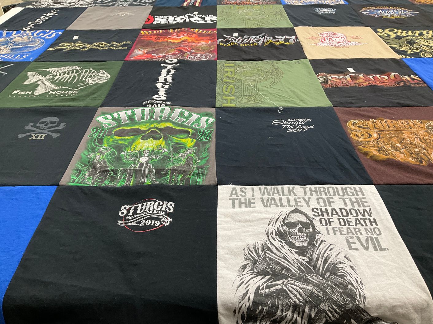 T-shirt quilt with motorcycling, biking themes by Denise from SD