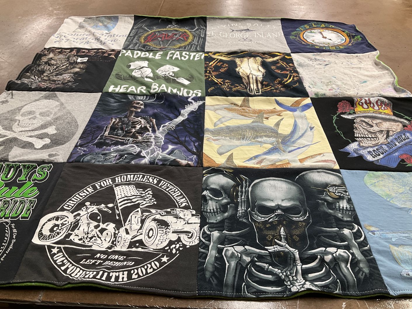 T-shirt quilt with motorcycles, fishing themes by Destiny from FL