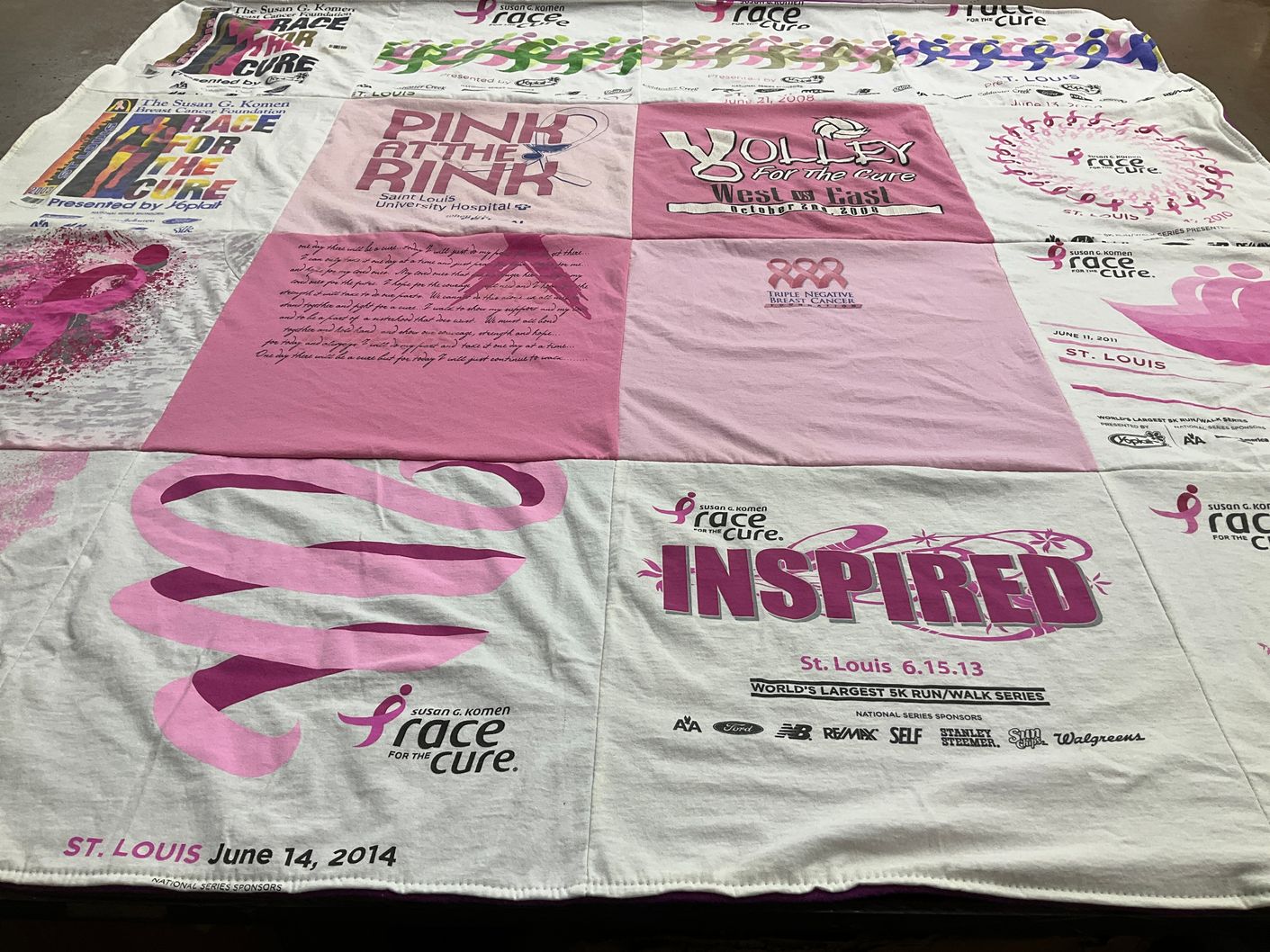 T-shirt quilt with breast cancer awareness, charity events themes by Cheryl from IL