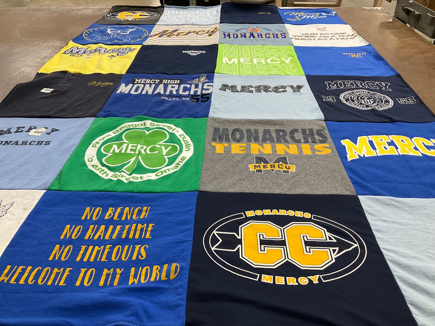 T-shirt quilt featuring mercy high school tennis, mercy high school cross country by Mendi from NE