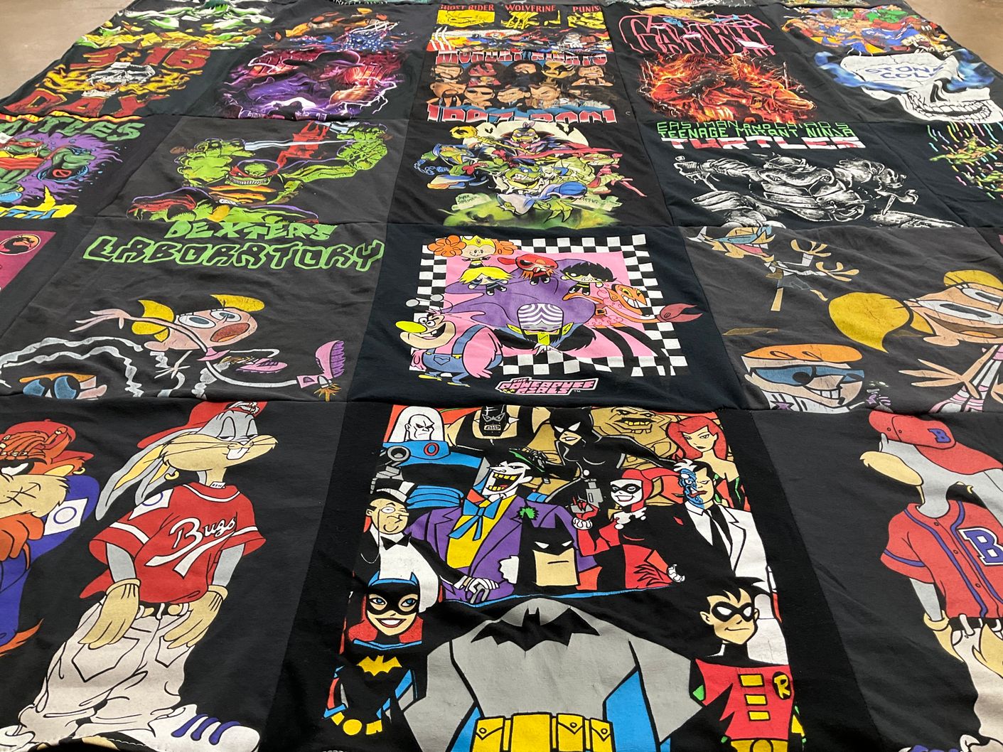 T-shirt quilt with cartoons, comics themes by Heather from CA