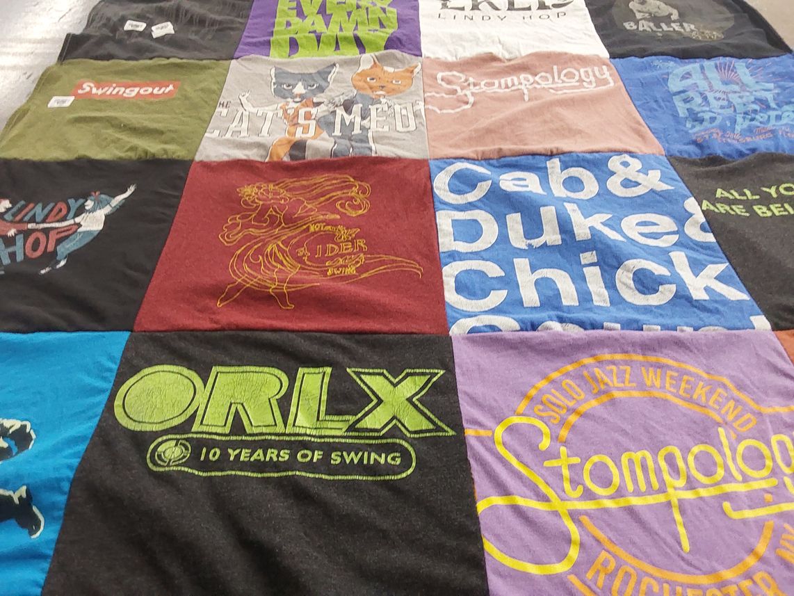 T-shirt quilt with swing dancing, jazz themes