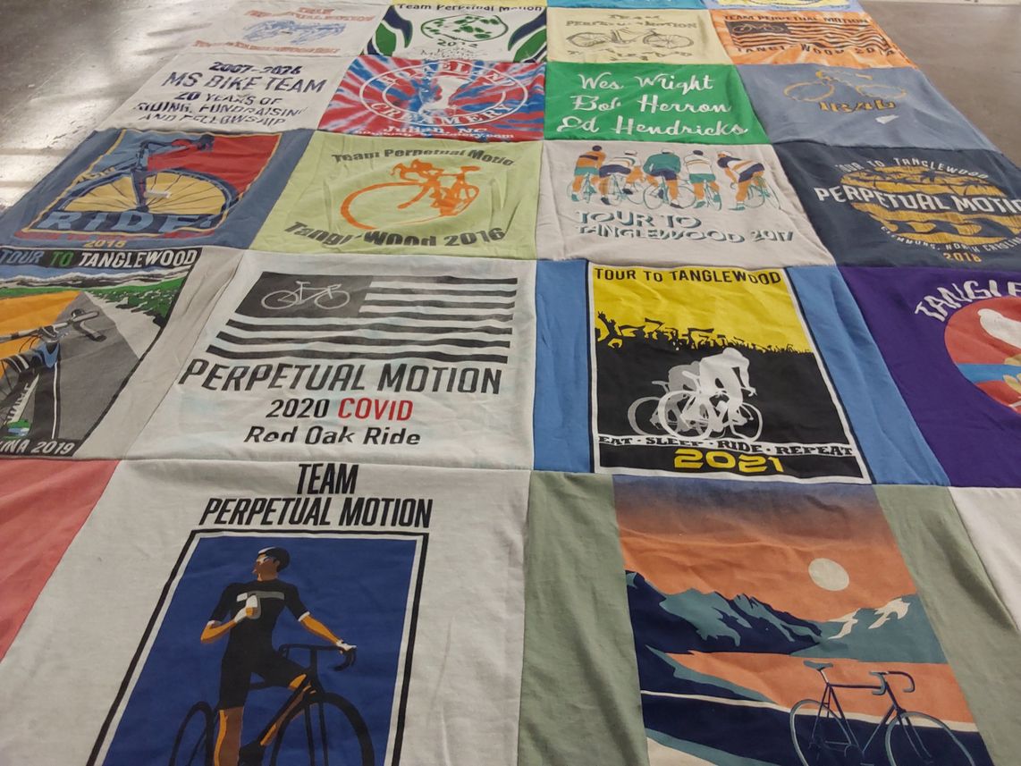 T-shirt quilt with cycling, biking themes by Tammy from NC