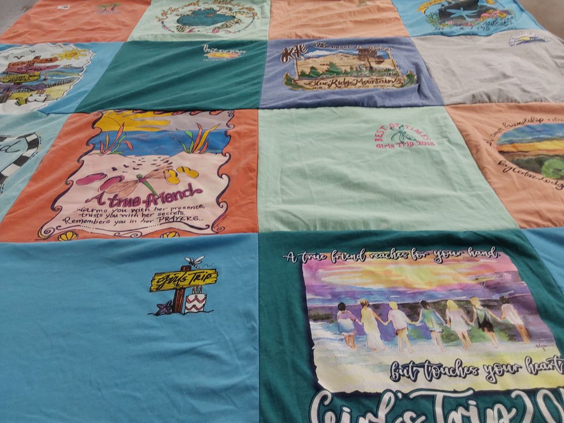 T-shirt quilt with friendship, travel themes by Suzanne from AR