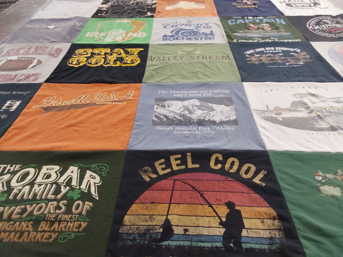 T-shirt quilt with travel, outdoors themes by Maggie from NY