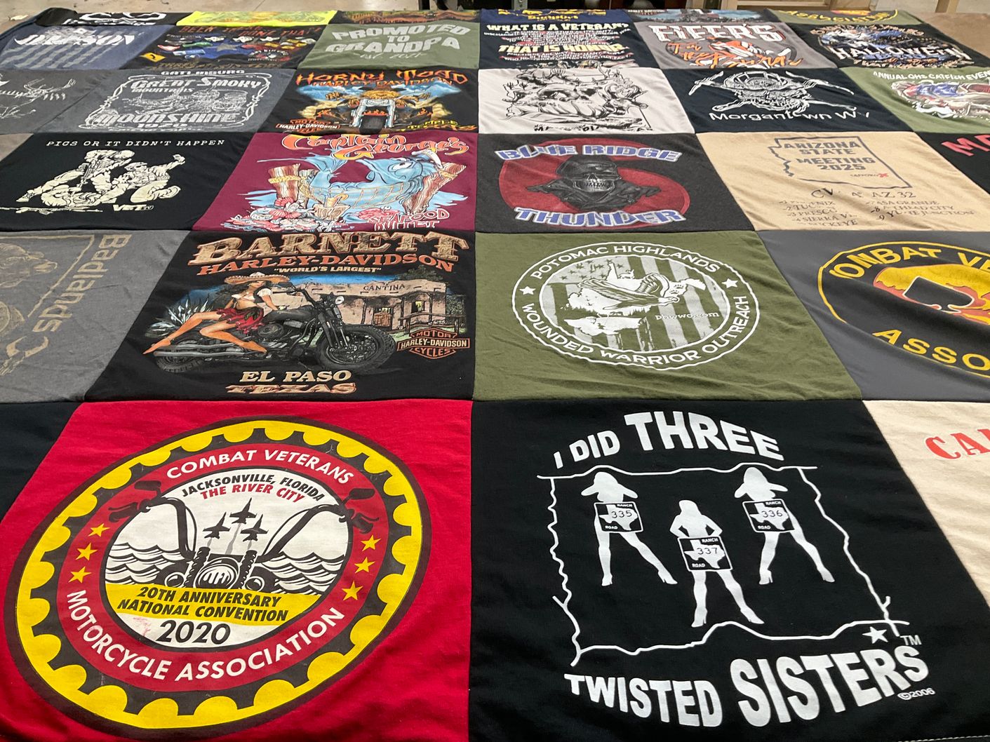 T-shirt quilt with motorcycles, veterans themes by Keith from WV