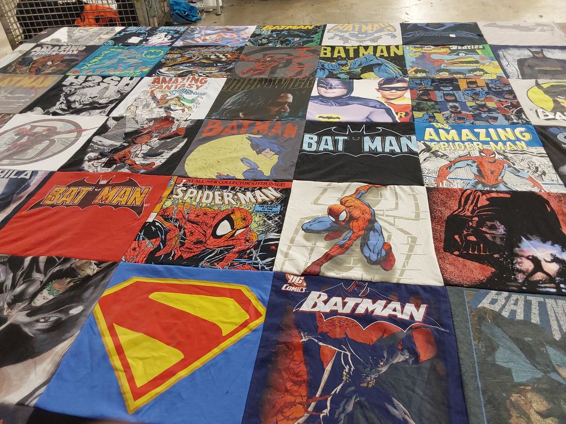 T-shirt quilt with comic books, superheroes themes by Scott from CT