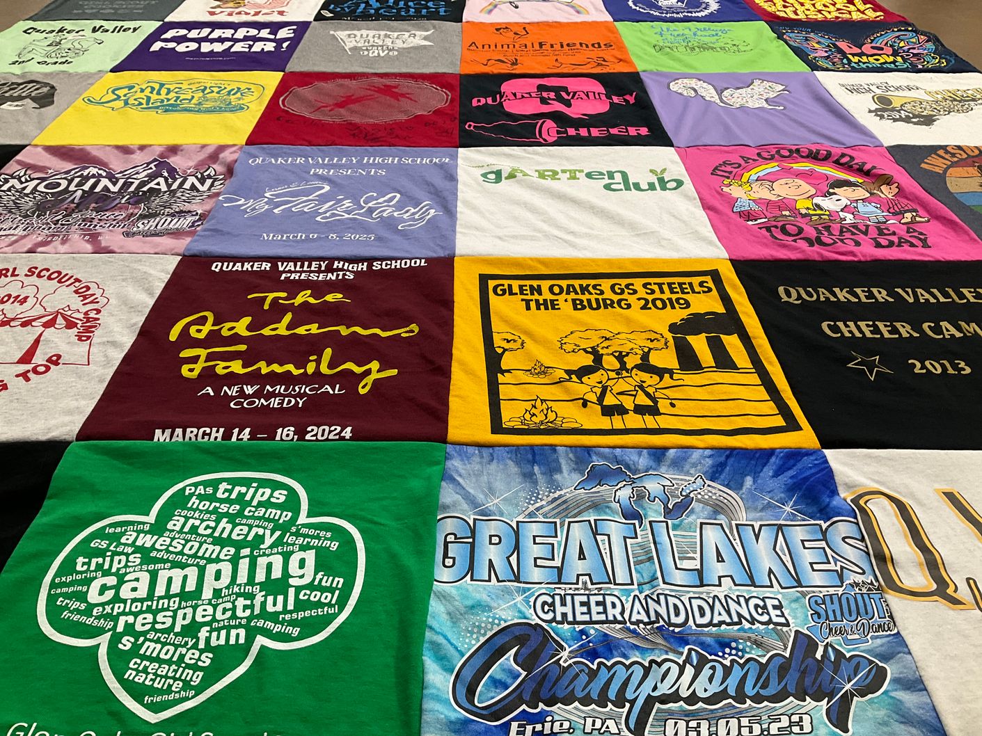 T-shirt quilt featuring quaker valley cheer, great lakes cheer and dance by Cindy from PA