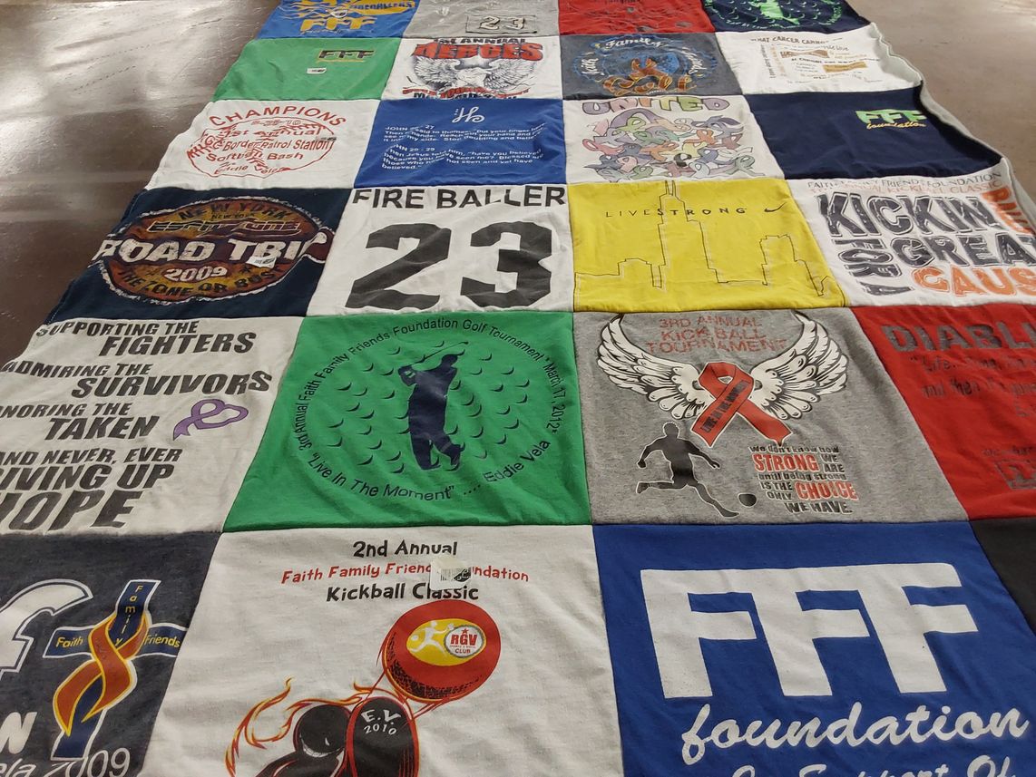 T-shirt quilt with charity, sports themes by Brandy from TX