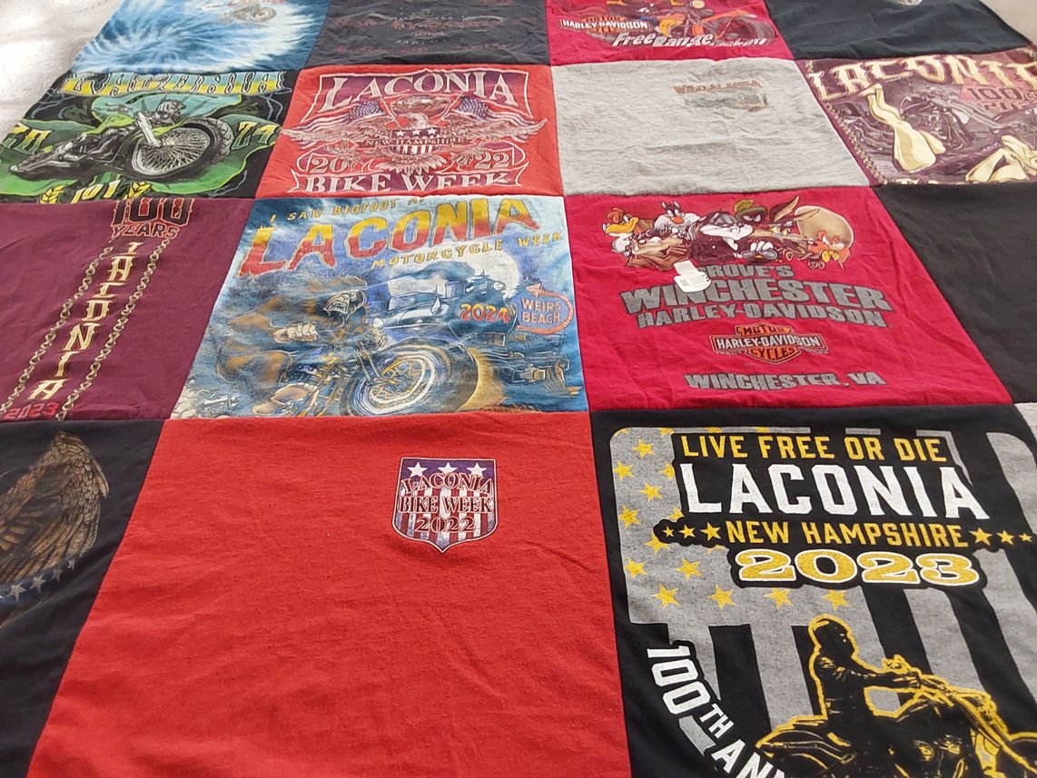 T-shirt quilt with motorcycling, biking themes by Cheryle from NH