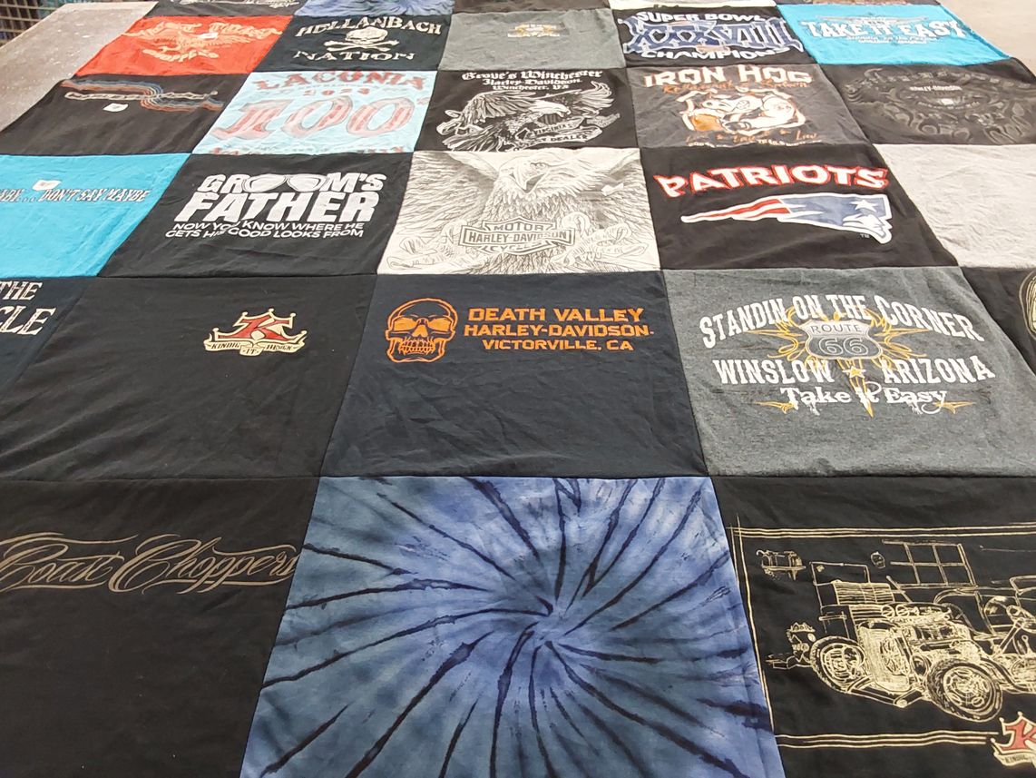 T-shirt quilt with motorcycles, harley themes by Cheryle from NH