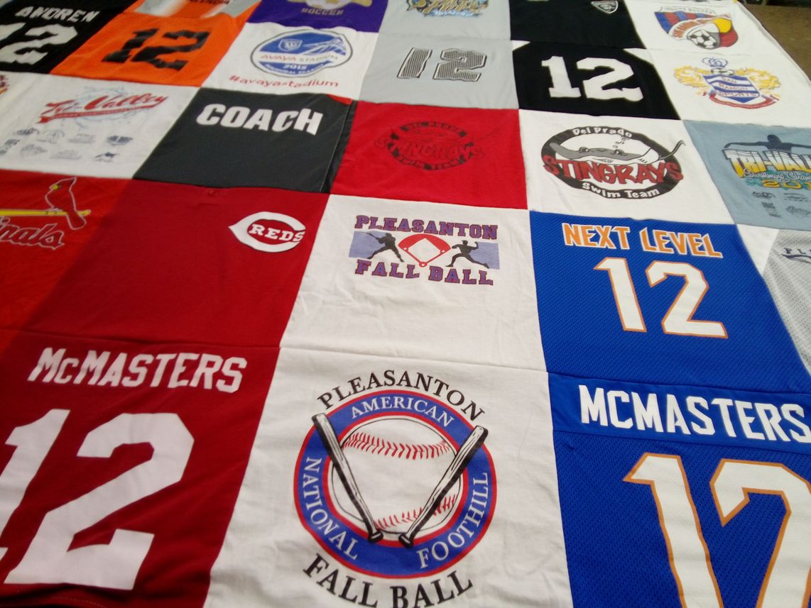 T-shirt quilt with baseball, football themes by Lisa from CA