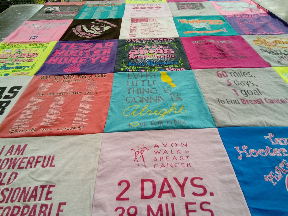 T-shirt quilt with breast cancer awareness, breast cancer fundraising themes by Christy from TX