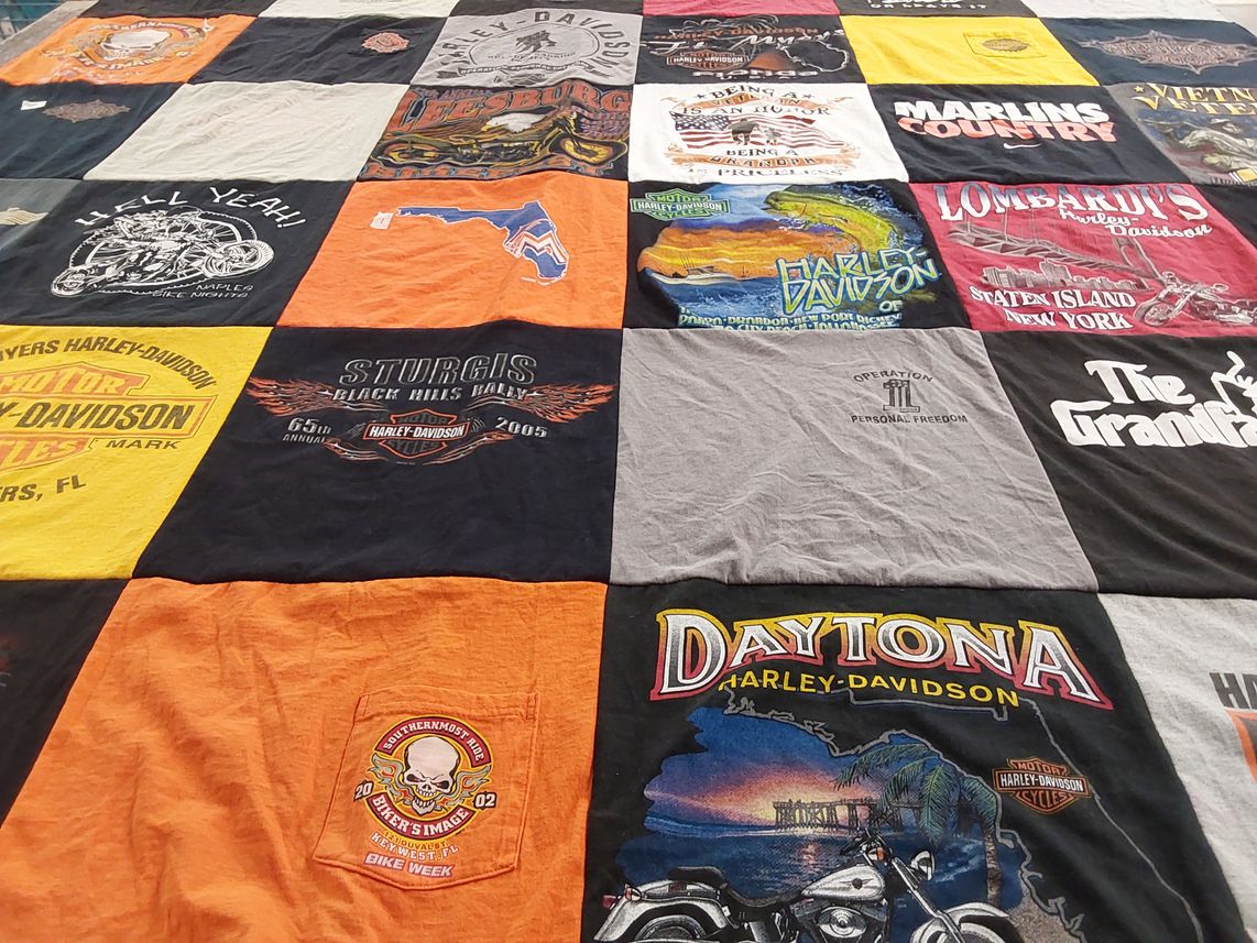 T-shirt quilt with motorcycling, biking themes by Calli from FL