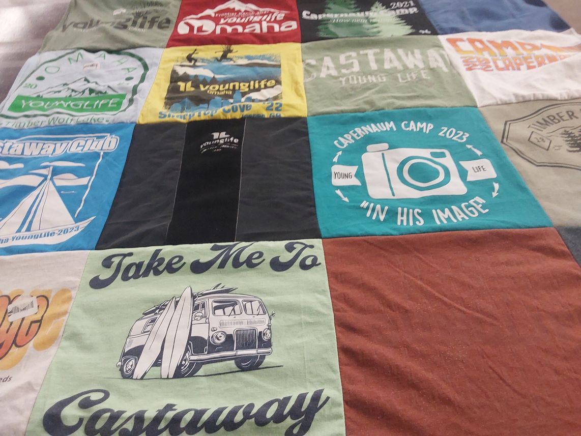T-shirt quilt with youth programs, camping themes by Abbie from NE