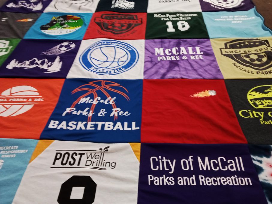T-shirt quilt with basketball, soccer themes by Stefanie from ID