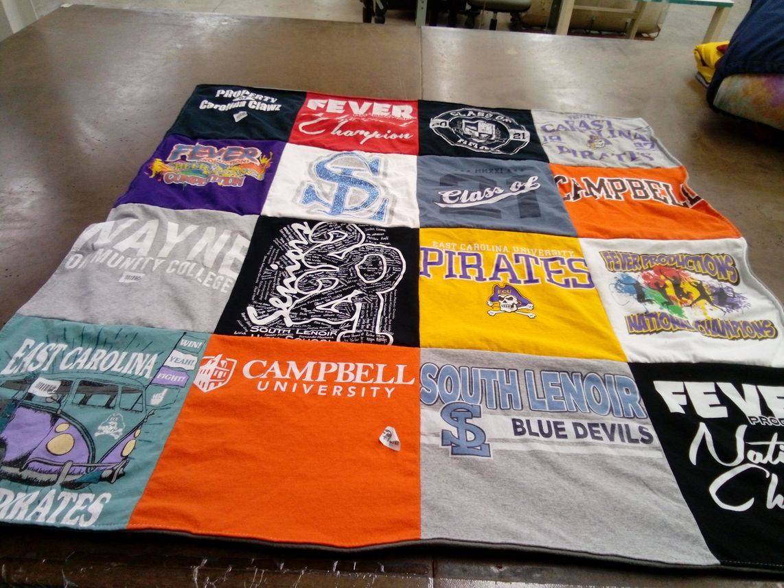 T-shirt quilt featuring east carolina pirates, south lenoir blue devils by McKayla from NC