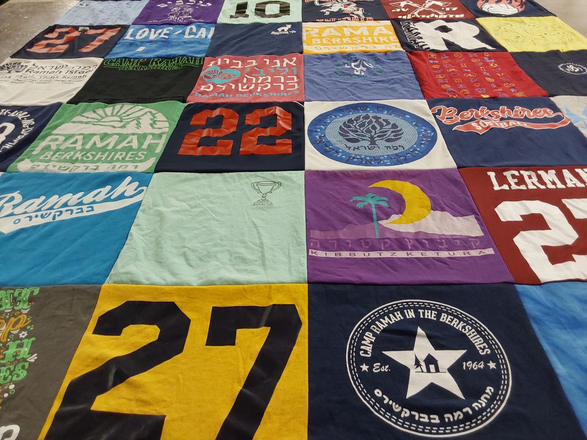 T-shirt quilt with summer camp, jewish community themes by Beth from NY