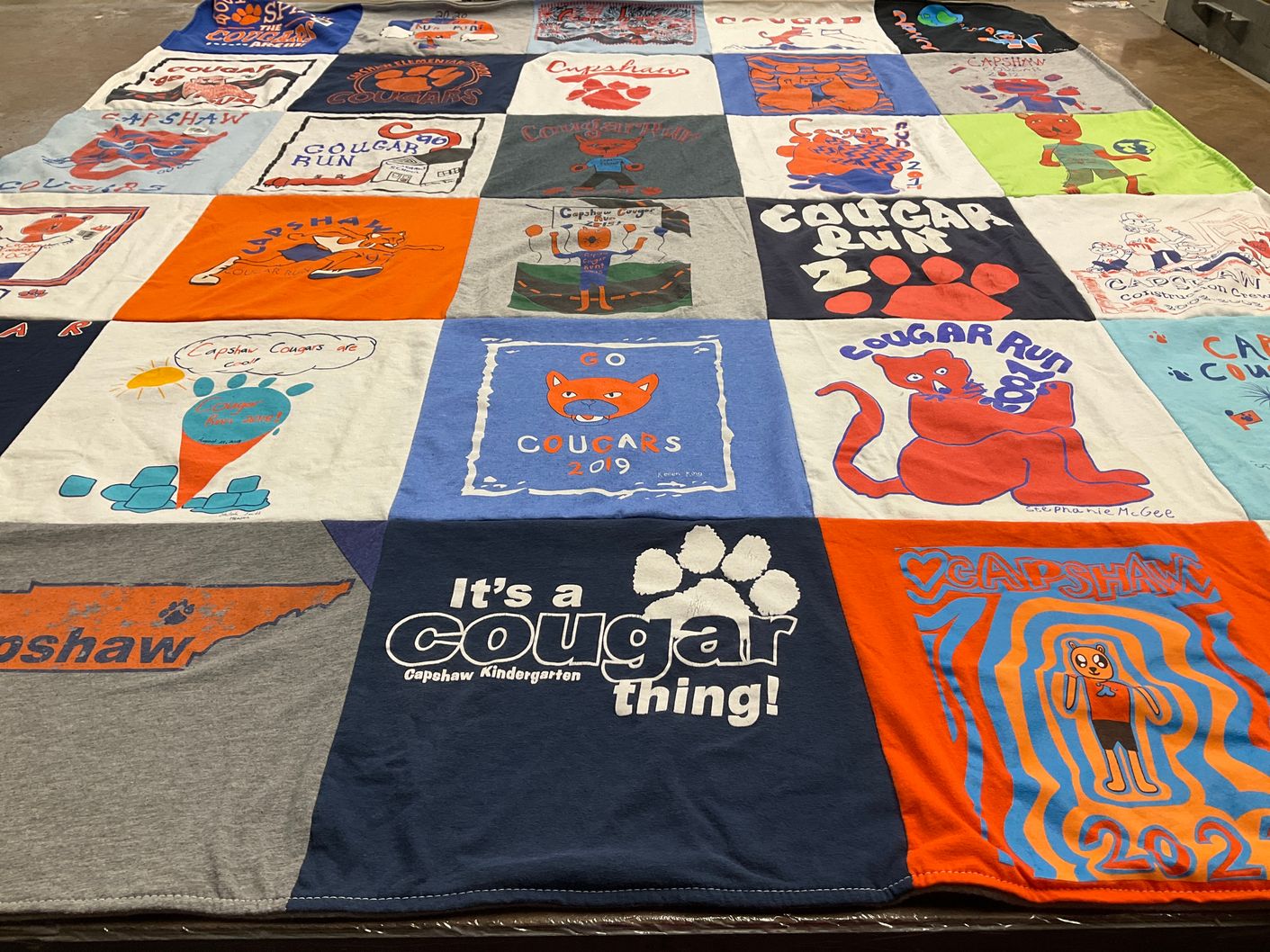 T-shirt quilt featuring capshaw cougars by Karen from TN