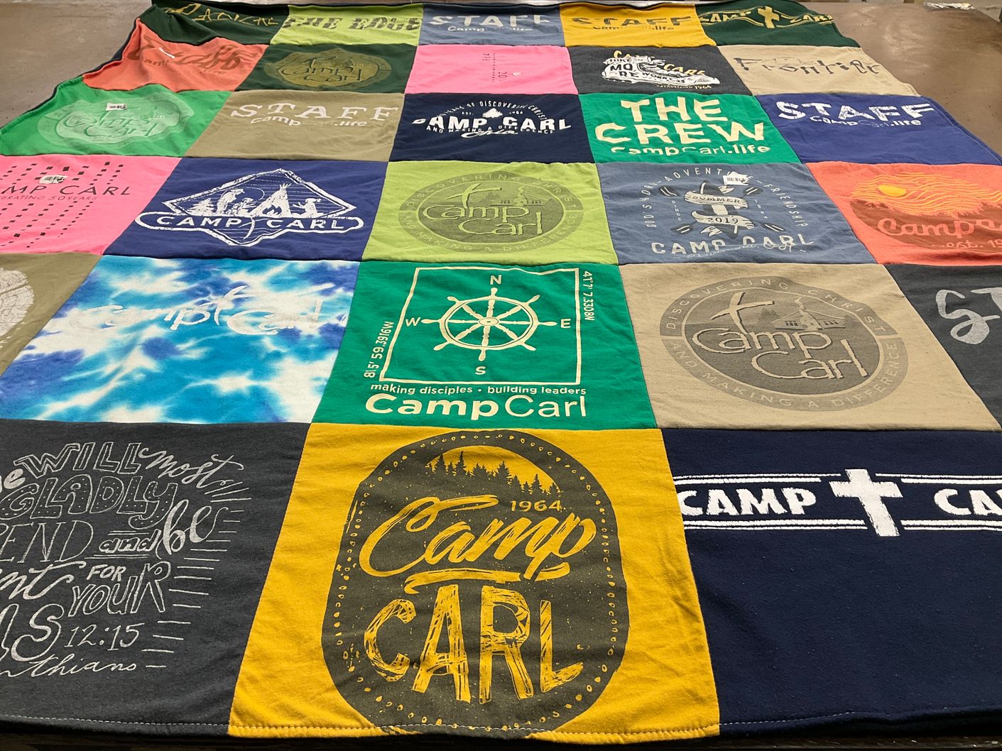 T-shirt quilt with camping, outdoor activities themes by Sophia from AL