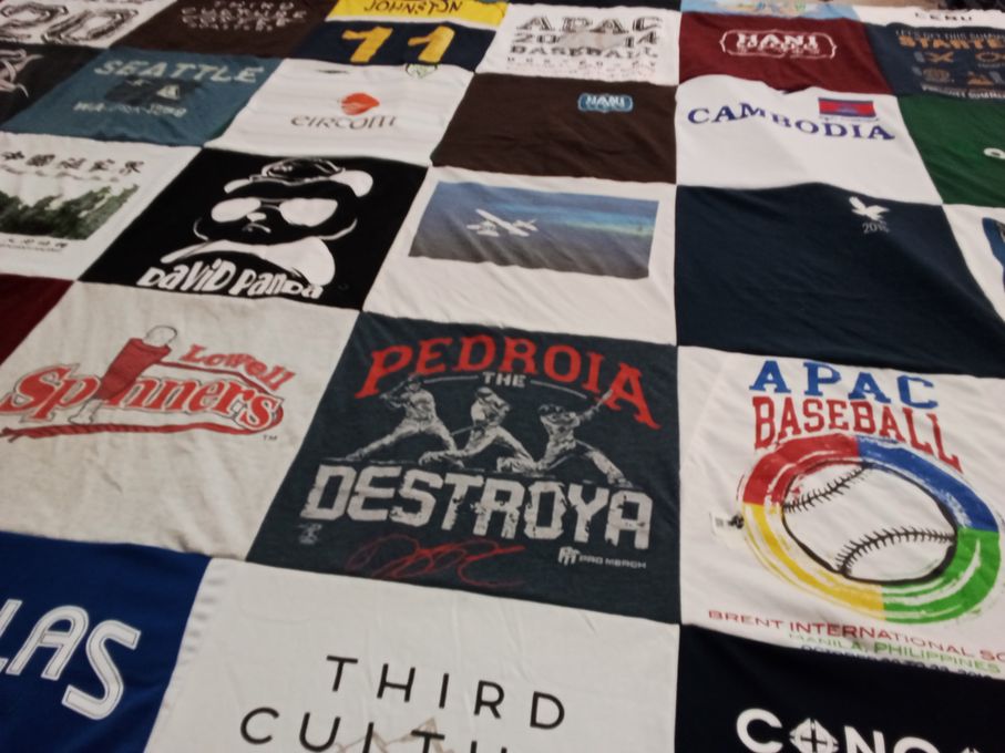 T-shirt quilt with baseball, cultures themes by Deborah from AZ