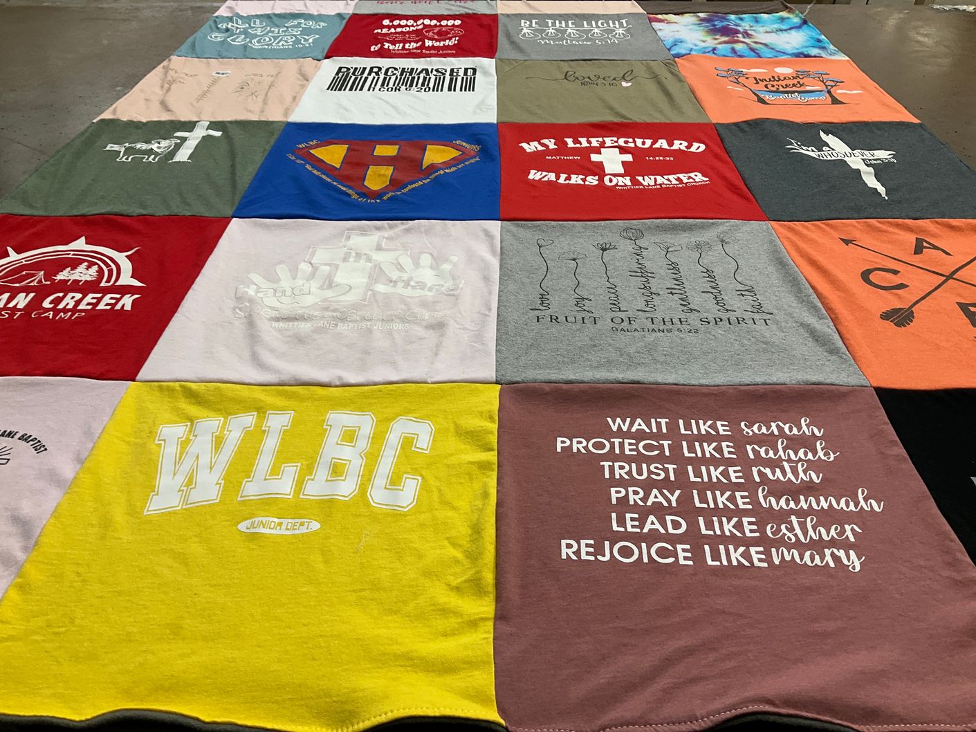 T-shirt quilt with christian faith, summer camp themes by Aimee from IN