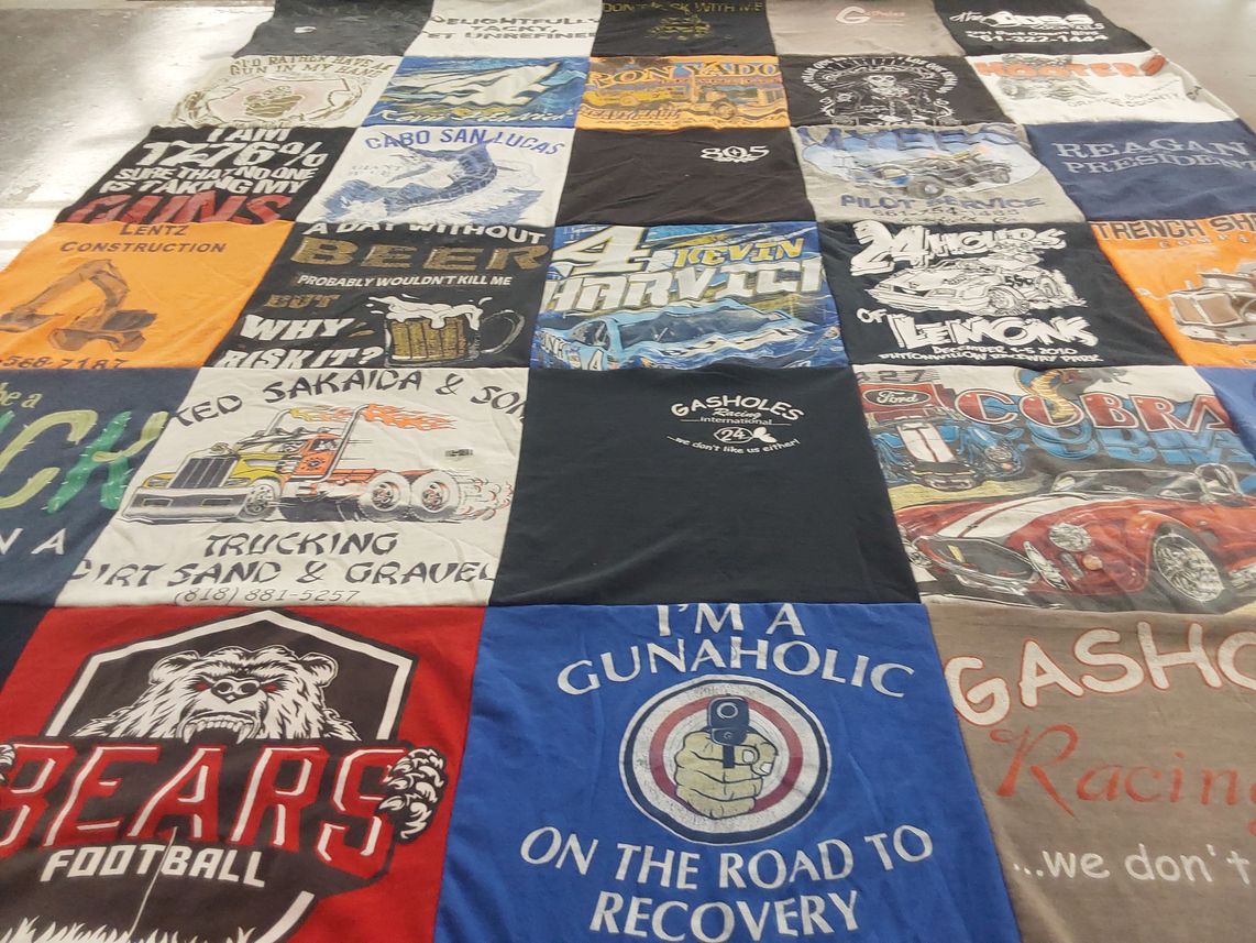 T-shirt quilt with trucking, beer themes by Mike from CA