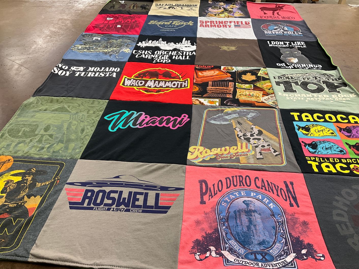 T-shirt quilt with travel, outdoor adventure themes by Aaron from TX
