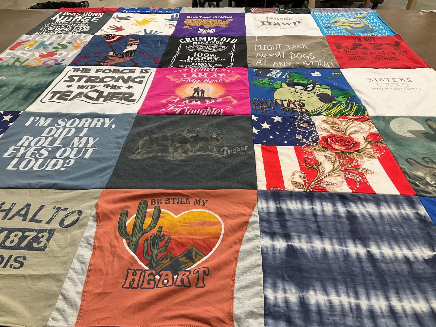 T-shirt quilt with humor, teaching themes by Dawn from IL
