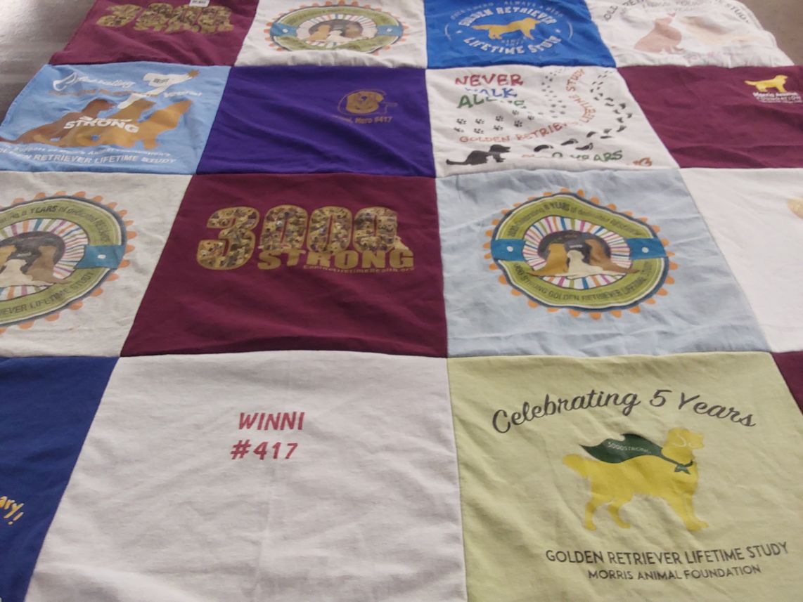 T-shirt quilt with dogs, golden retrievers themes by Eileen from ME