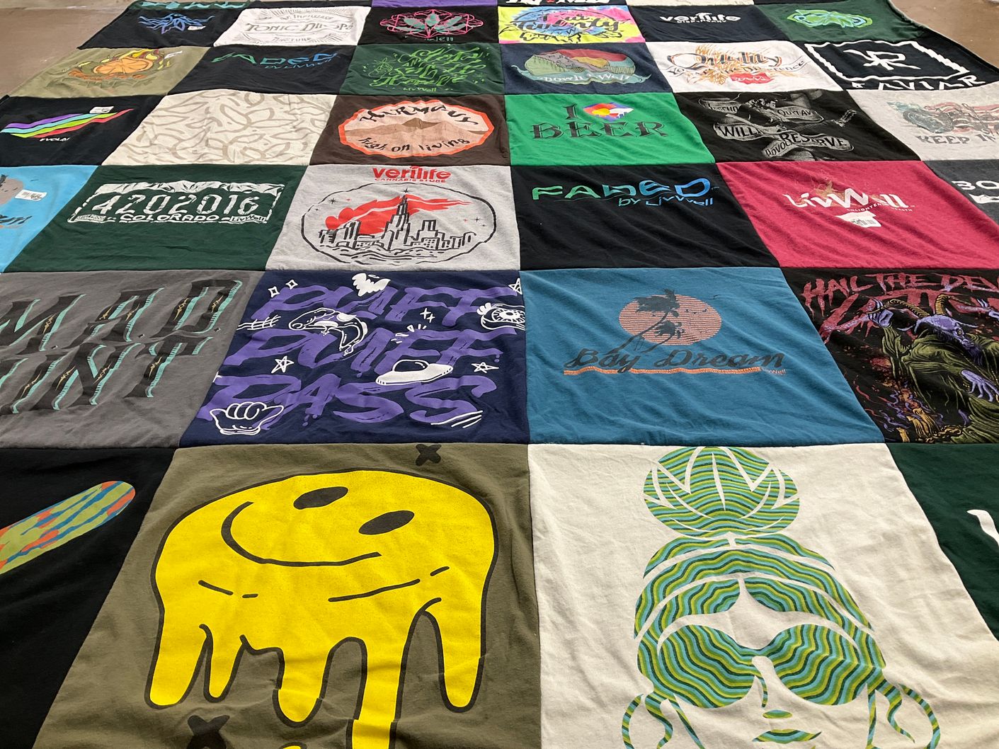 T-shirt quilt with cannabis, music themes by Chanda from MO