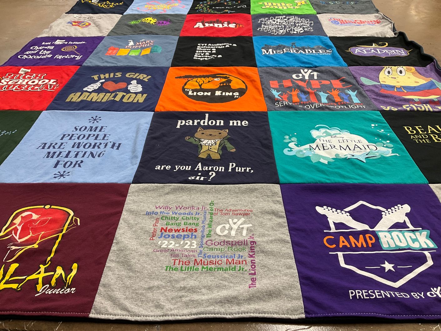 T-shirt quilt with musicals, theatre themes by Jennifer from IL
