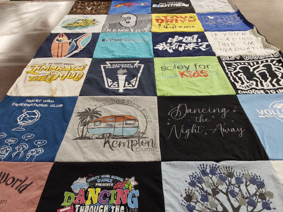 T-shirt quilt from higley high school, carlsbad state beach by Karen from AZ