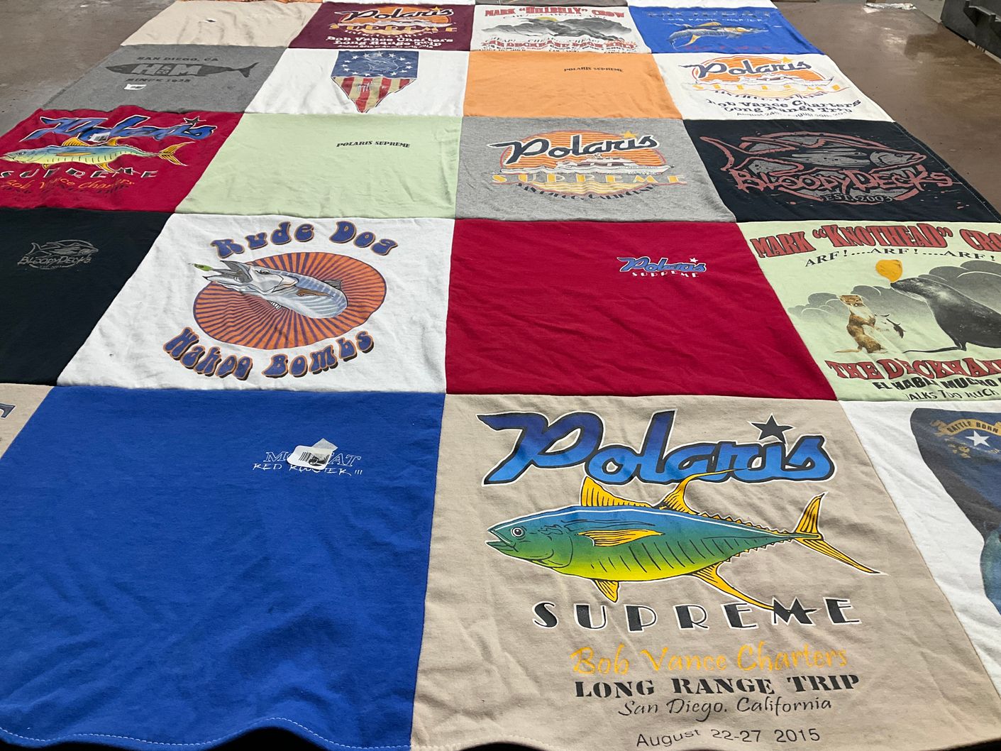 T-shirt quilt with fishing, ocean themes by Darwin from NV