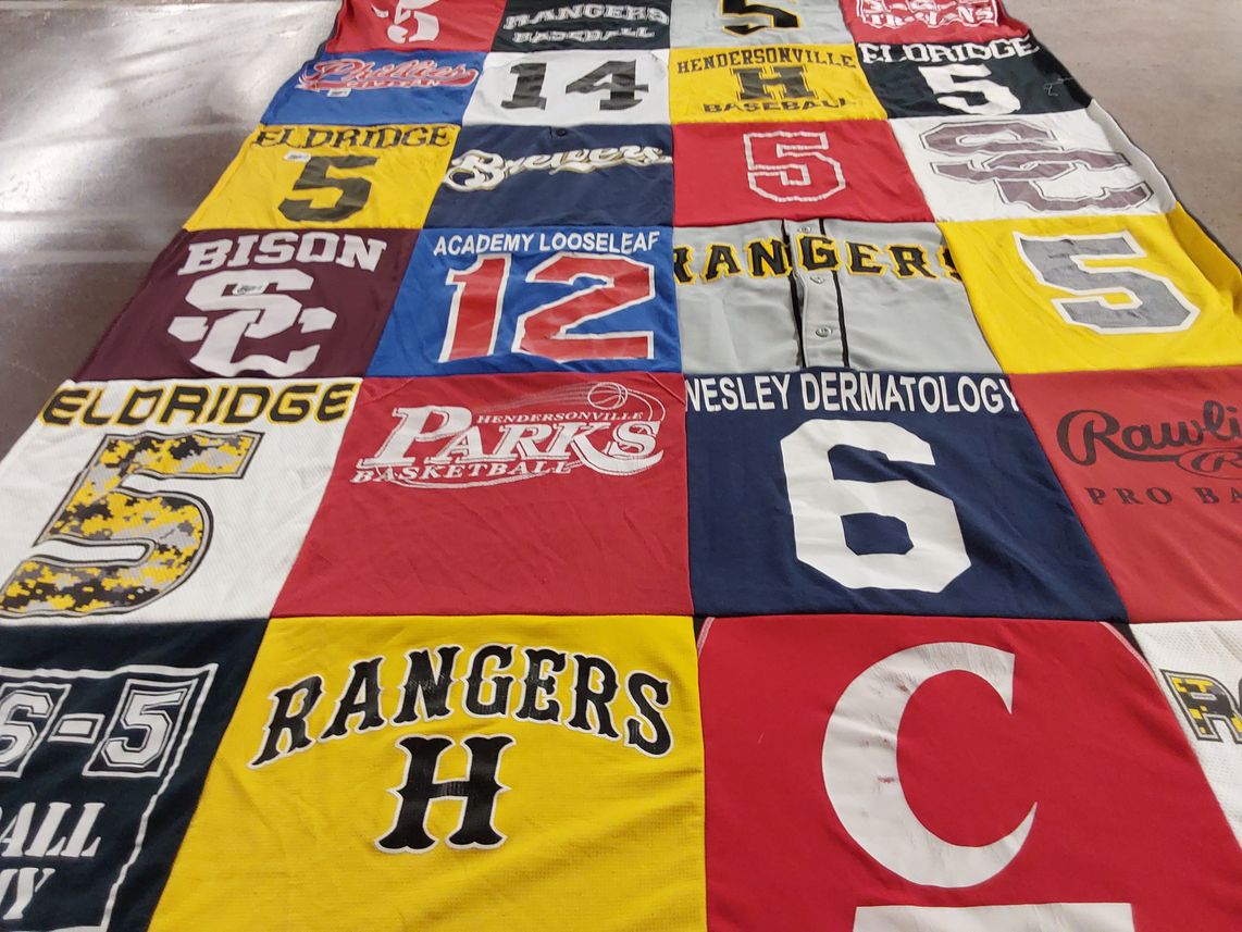 T-shirt quilt featuring rangers baseball team by Suzanne from TN
