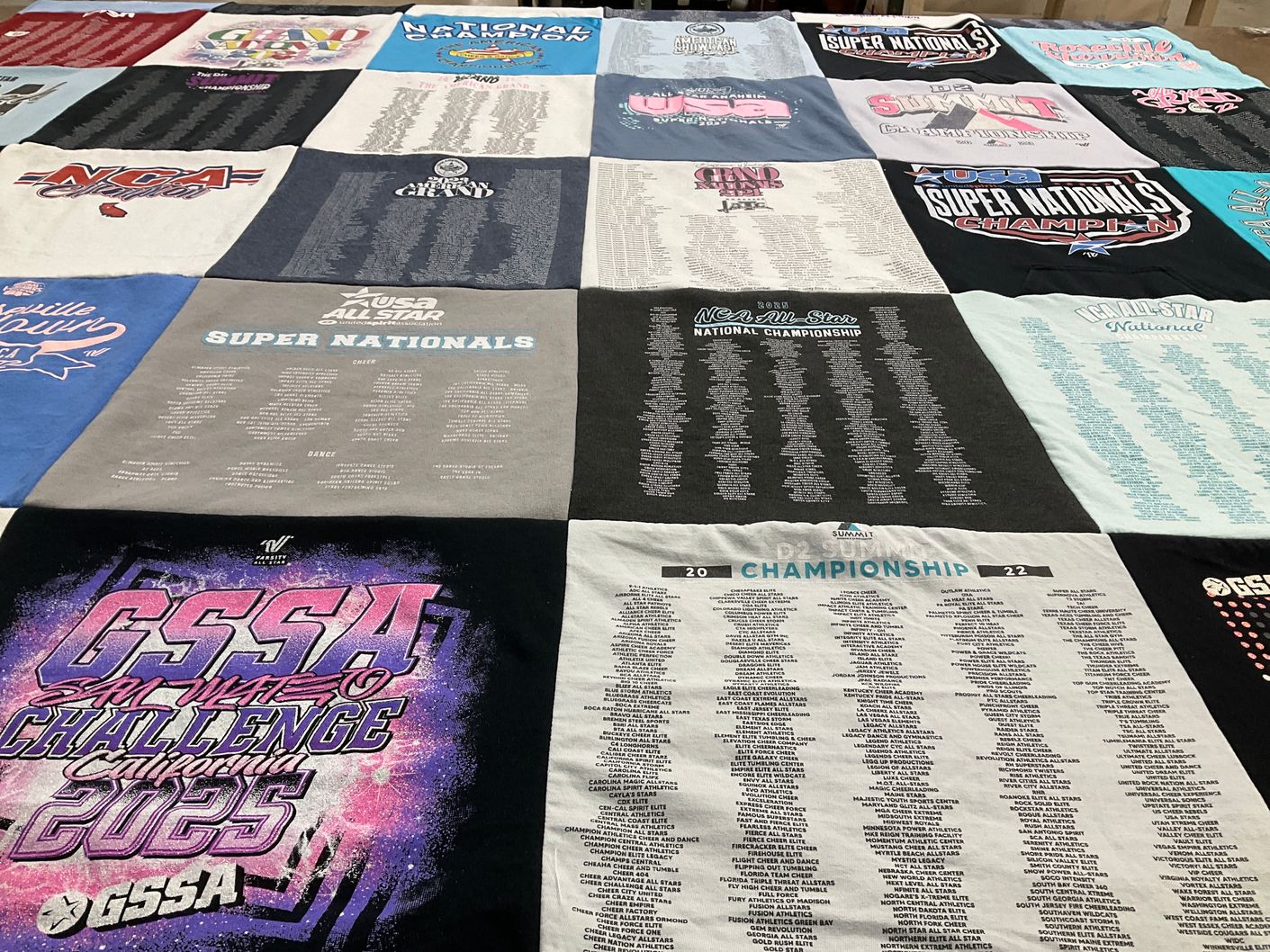 T-shirt quilt with cheerleading, dance themes by Shelby from CA