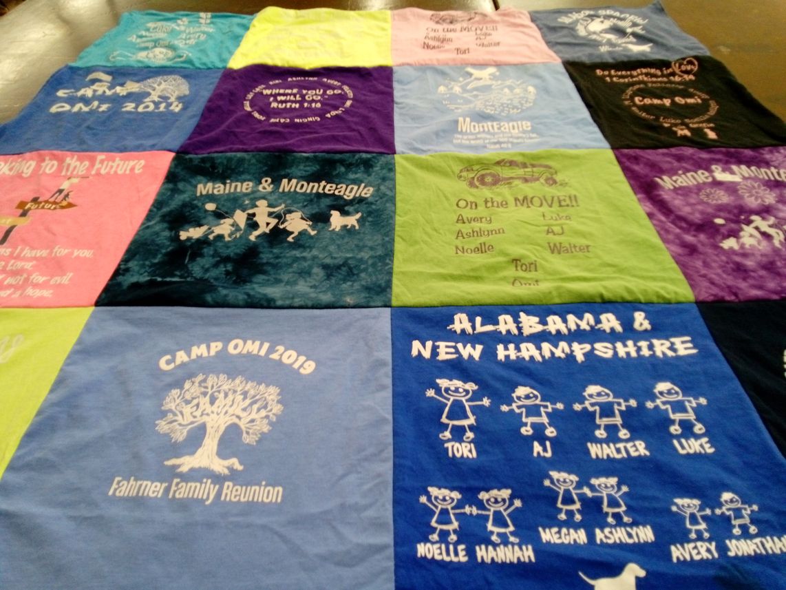 T-shirt quilt with camping, family reunions themes by Catherine from AL