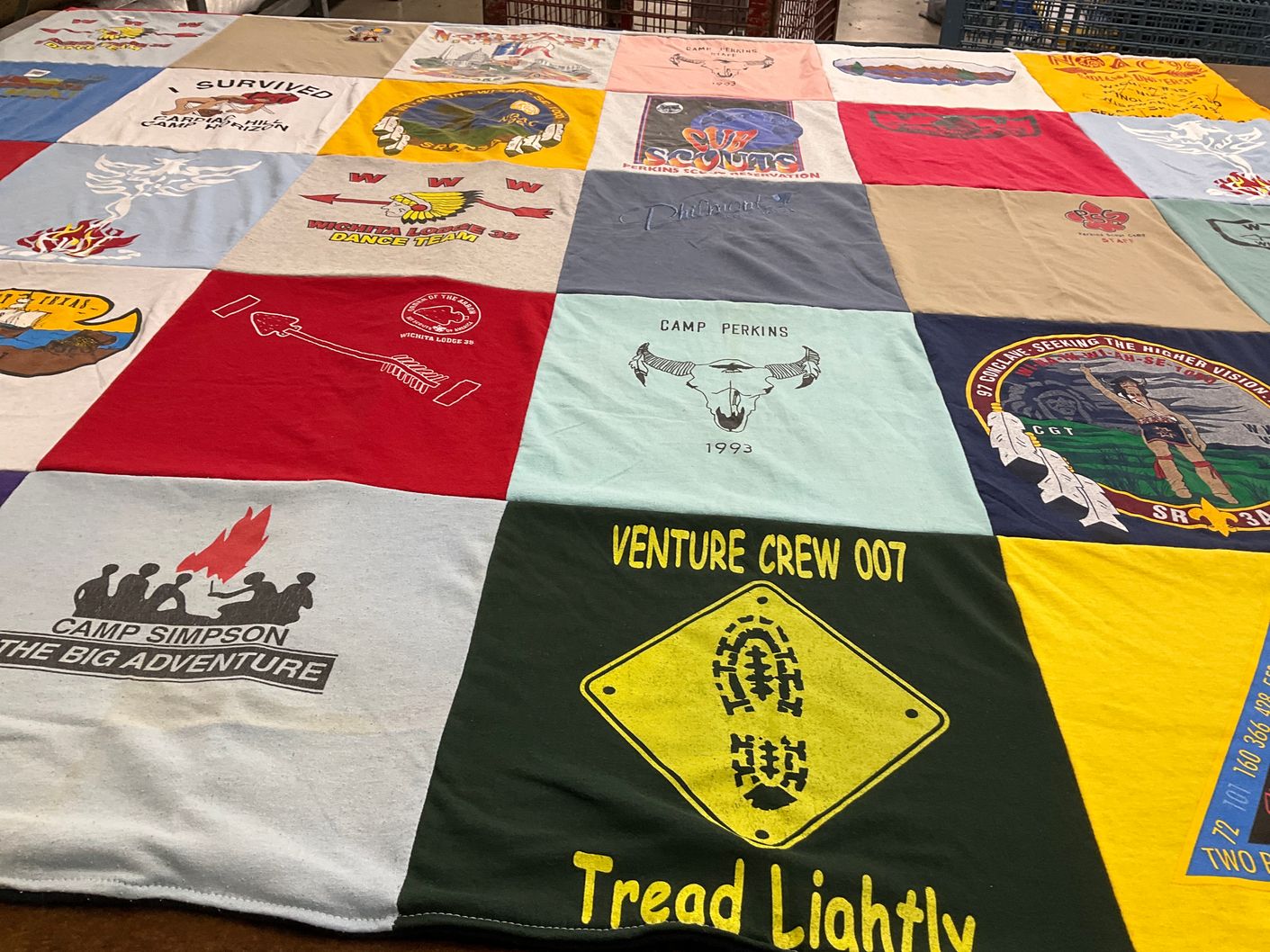 T-shirt quilt with camping, scouting themes by Judy from TX