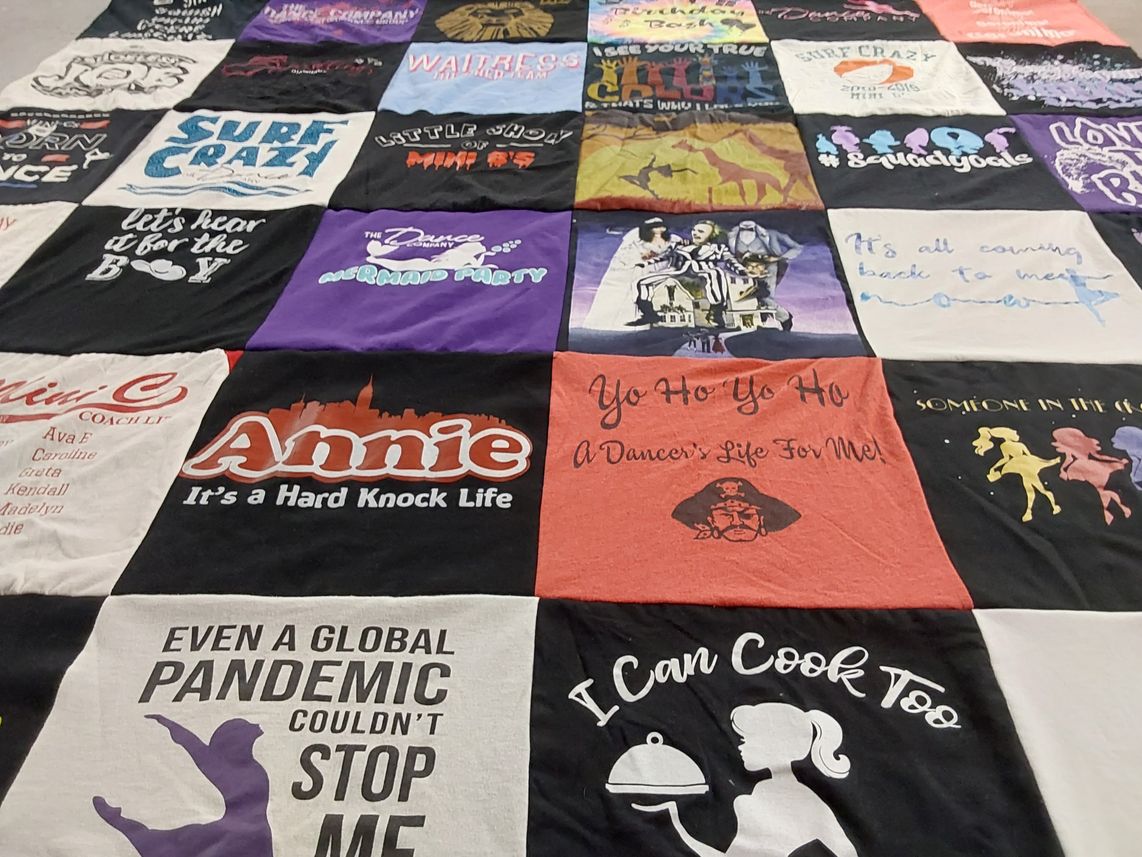 T-shirt quilt with theater, dance themes by Elizabeth from IL