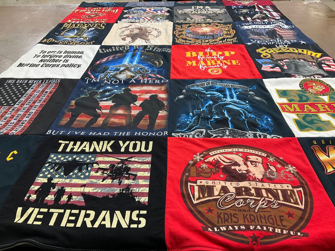 T-shirt quilt with military, veteran support themes by Barbara from PA