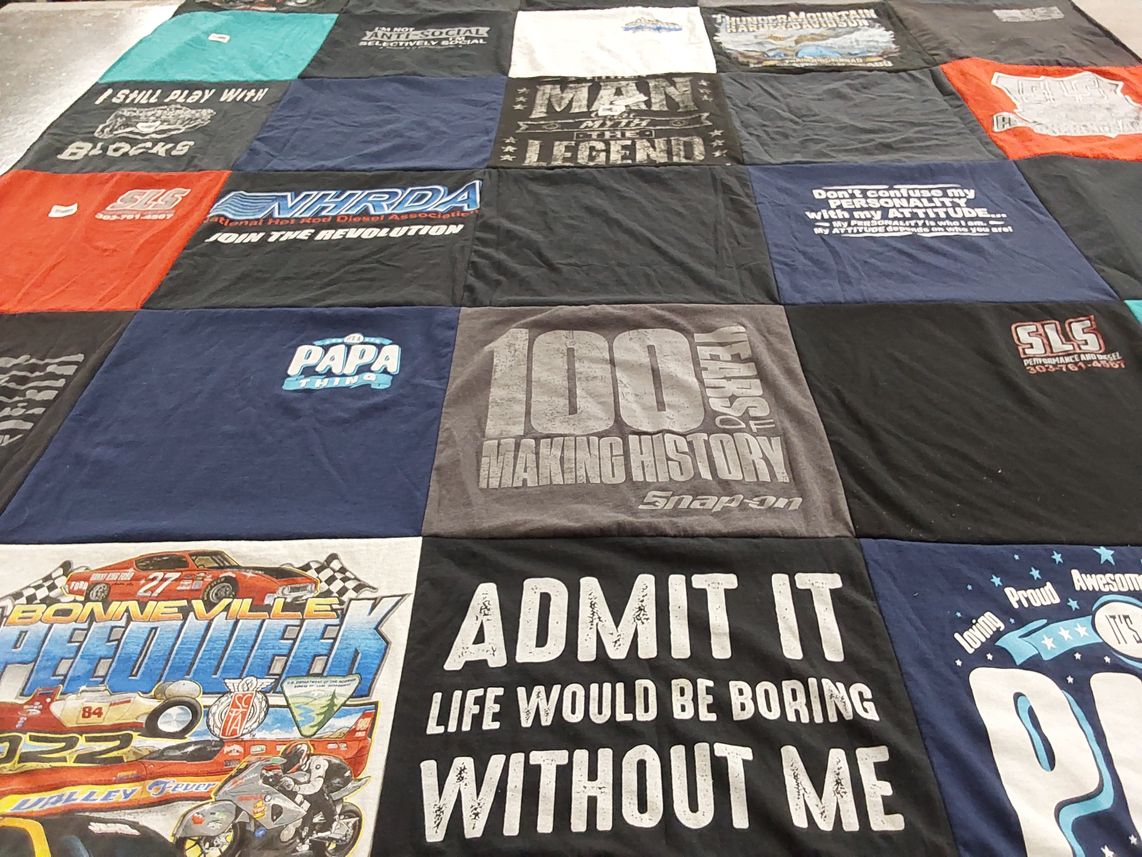 T-shirt quilt with racing, automobiles themes by Sarah J from CO