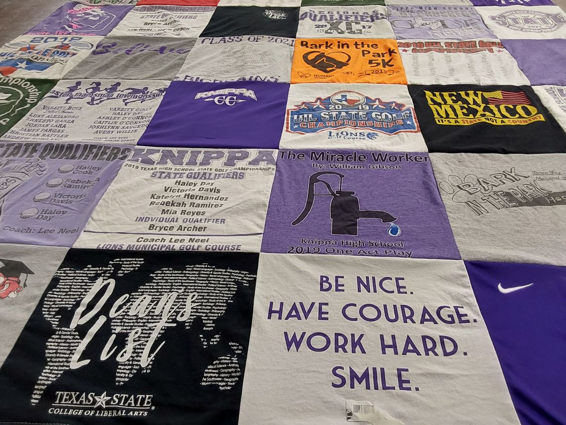 T-shirt quilt from texas state university, knippa high school by Machell from TX