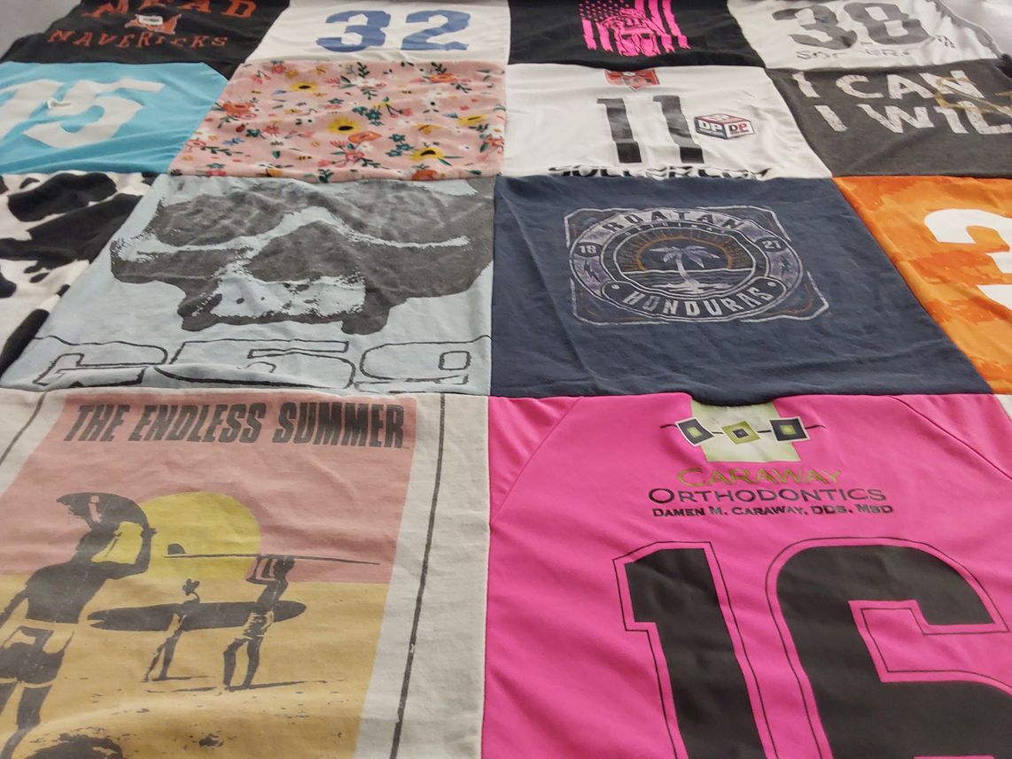T-shirt quilt with surfing, beach themes by Kati from CO