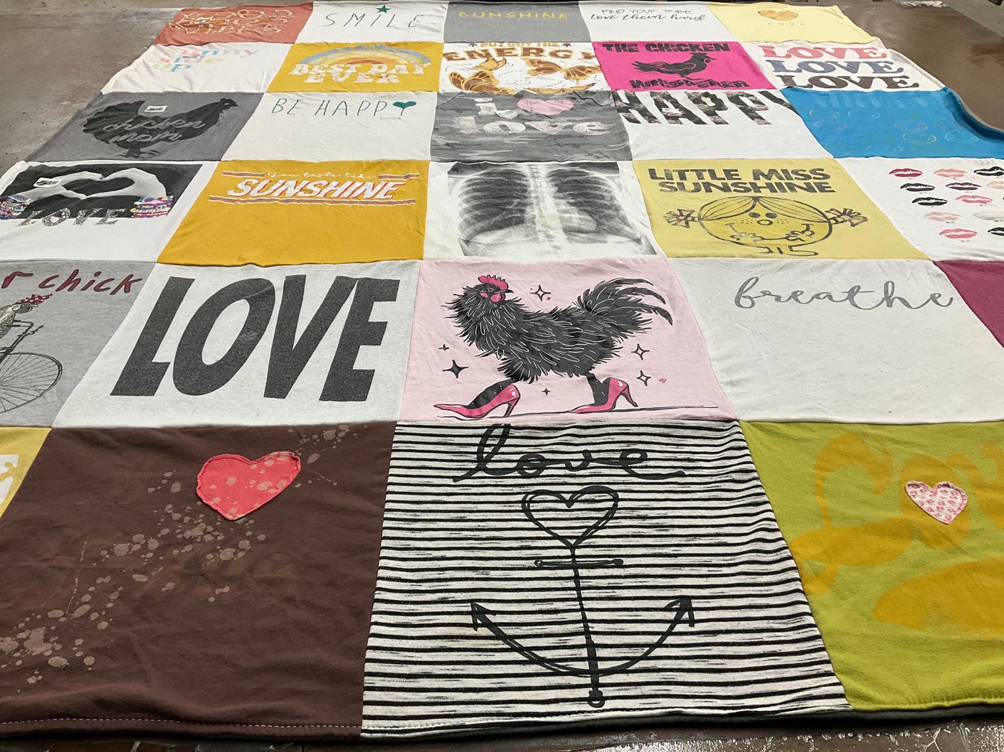 T-shirt quilt with positivity, happiness themes by Kathie from GA