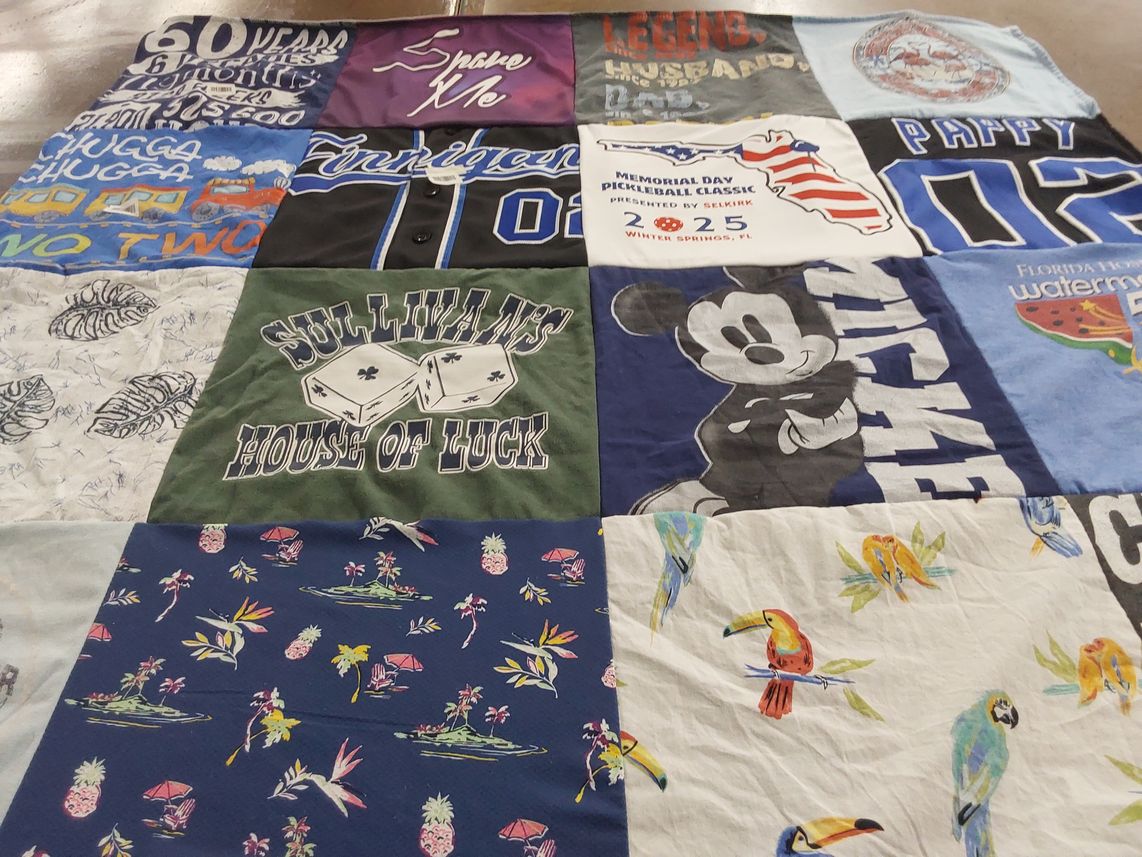 T-shirt quilt with pickleball, gambling themes by Anna from FL