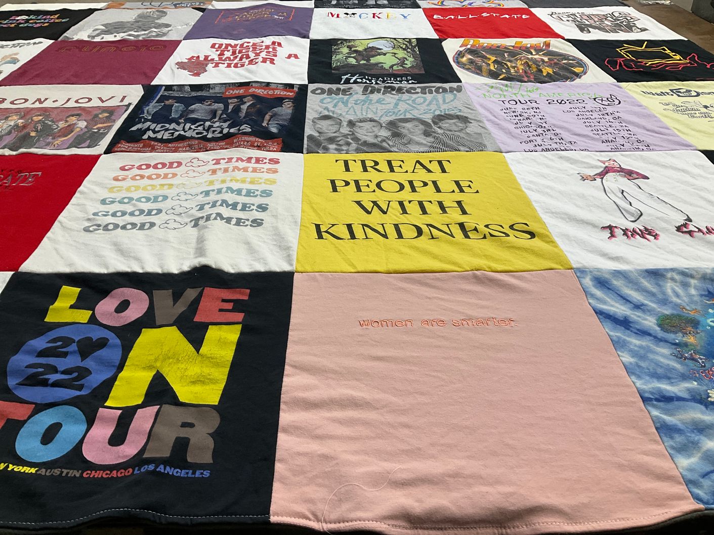 T-shirt quilt with music, concerts themes by Leah from IN