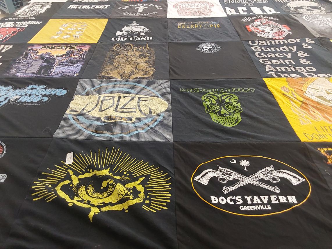 T-shirt quilt with music, bands themes by Eva from NC