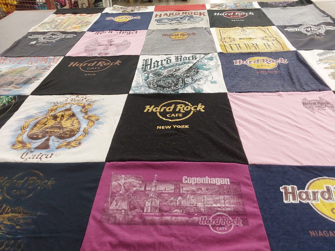 T-shirt quilt with music, travel themes by Barbara from PA