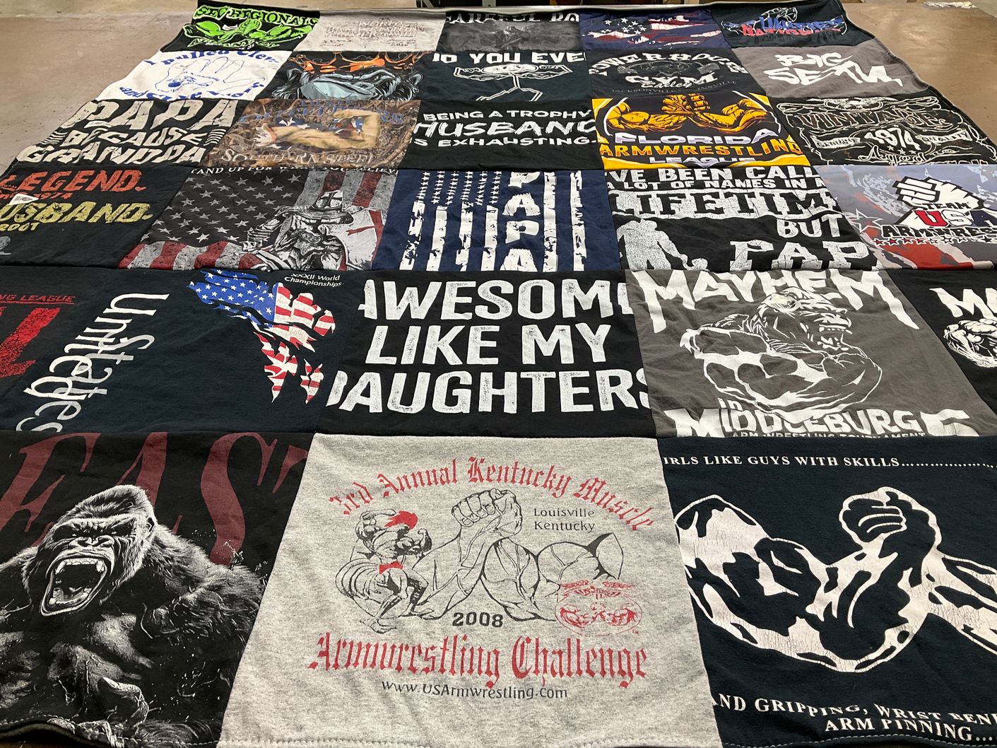 T-shirt quilt with arm wrestling, trophies themes by Chuck from FL